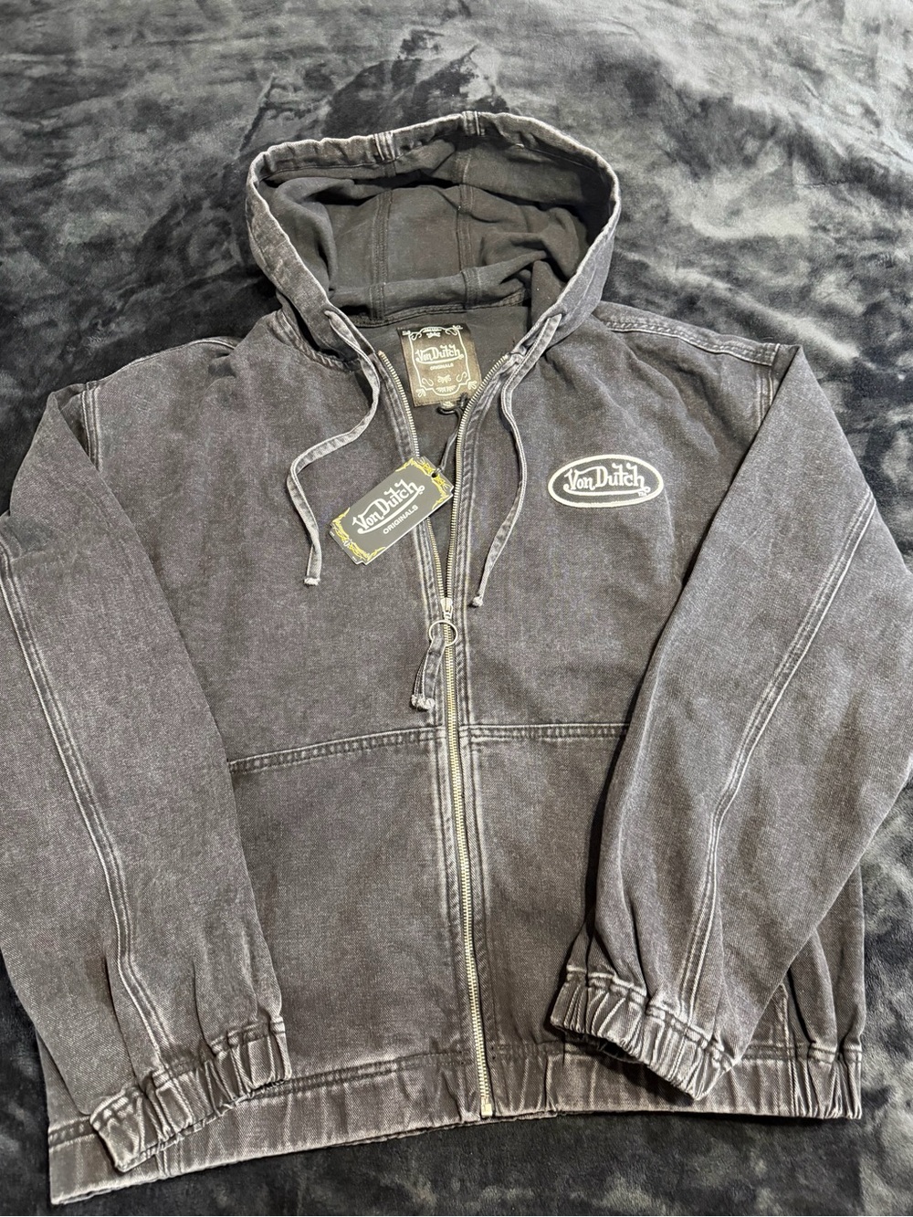Von Dutch Men's Denim Washed Black Zip-Up Hoodie Jacket XL